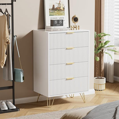 White Dresser for Bedroom, Modern Wide Dresser with Gold Pulls and 4 Drawers for Bedroom, Closets, 15.7" D x 23.6" W x 37.4" H