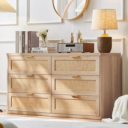 LEYAOYAO Rattan 6 Drawer Dresser for Bedroom Set of 2, Boho 54" Wide Natural Wood Dresser Chest of Drawers, Dressers TV Stand with Metal Handle, Storage Dressers Closet Organizer for Living Room
