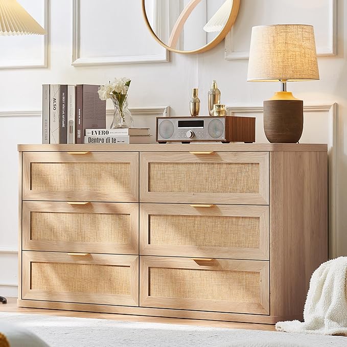 LEYAOYAO Rattan 6 Drawer Dresser for Bedroom, Boho 54" Wide Natural Wood Dresser Chest of Drawers, Dressers TV Stand with Metal Handle, Storage Dressers Closet Organizer for Living Room, Hallway