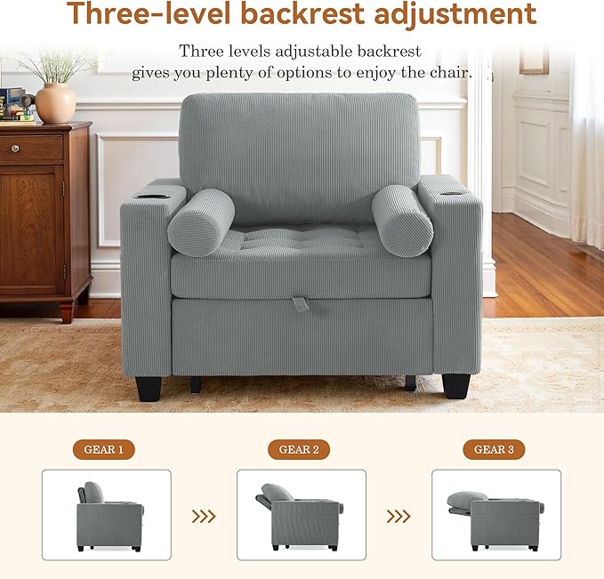 Convertible Sleeper Chair Bed, Comfy Corduroy Single Futon Sofa Chairs with Pull Out Bed, 3-Levels Adjustable Backrest Accent Chair with Side Pockets, Cup Holder & USB Ports for Living Room, Bedroom