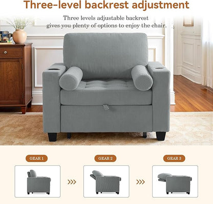 Convertible Sleeper Chair Bed, Comfy Corduroy Single Futon Sofa Chair with Pull Out Bed, 3-Levels Adjustable Backrest Accent Chair with Side Pockets, Cup Holder & USB Ports for Living Room, Bedroom