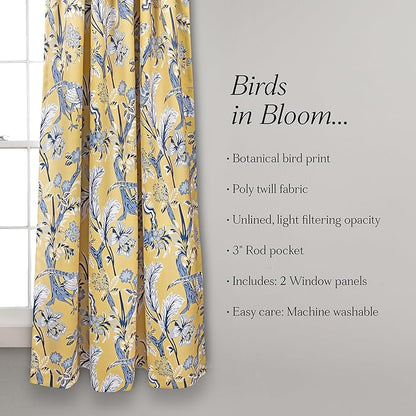 Lush Decor Dolores Light Filtering Window Panels, Pair, 52" W x 63" L, Yellow - Floral Curtains for Bedroom - Vintage Curtains - Coquette Room Decor