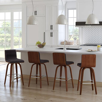 Armen Living Vienna 26" Counter Height Swivel Brown Faux Leather and Walnut Wood Bar Stool
