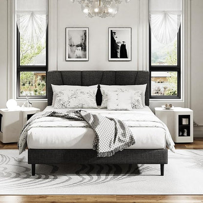Queen Size Platform Bed Frame with Modern Upholstered Headboard, Wooden Slats Support, Noise Free, No Box Spring Needed, Easy Assembly, Dark Grey, Linen