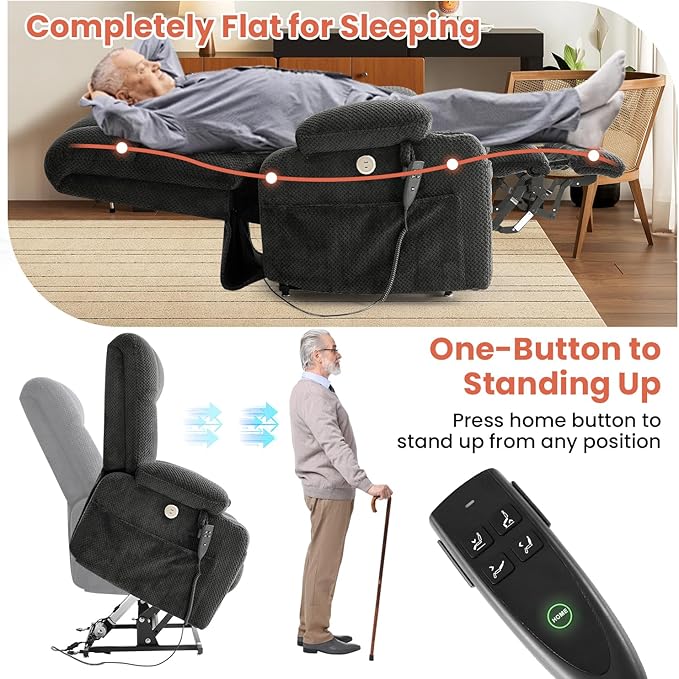 Power Lift Recliner Chair for Adults Oversized Infinite Position Lift Chair for Elderly W/Massage & Heat, Lay Flat Recliner, One-Touch Reset, Cup Holders, Lumbar Pillow, Fabric (Premium, Light Grey)