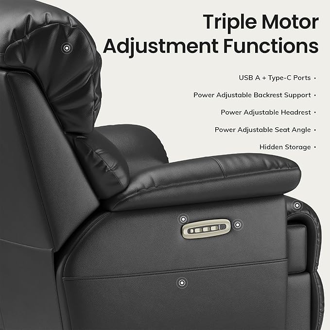 COLAMY Triple Motors Power Recliner Chair with Power Headrest & Lumbar Support Independent Adjustment for Living Room, Leather Electric Recliner Sofa Chair, Black