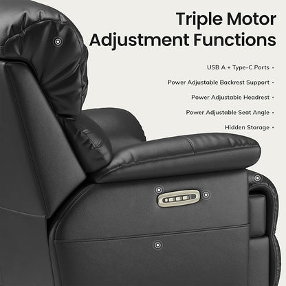 COLAMY Triple Motors Power Recliner Chair with Power Headrest & Lumbar Support Independent Adjustment for Living Room, Leather Electric Recliner Sofa Chair, Black