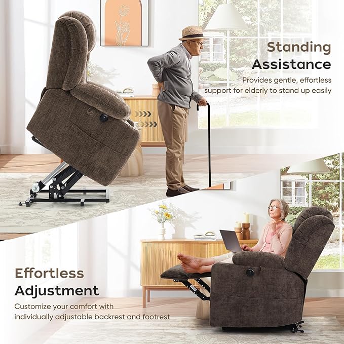 ABCASA Large Dual Motor Lay Flat Power Lift Recliners Chair for Elderly with Heat ＆ Massage, Comfortable Chenille Recliner, USB-A ＆ C, Cup Holder, Side Pocket, Brown