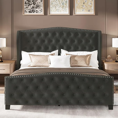 LARMACE Queen Size Bed Frame Velvet Upholstered Platform Bed with Wingback Headboard & Footbaord, Deep Button Tufted Bed Frame with Wood Slats Support, No Box Spring Needed, Grey