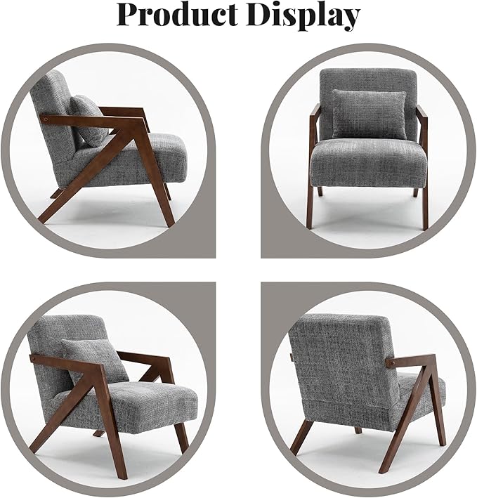 Mid-Century Modern Accent Chair Set of 2 with Solid Wood Frame，Upholstered Chenille Living Room Arm Chairs with Pillow for Bedroom, Living Room, Reading Room, Balcony, Grey