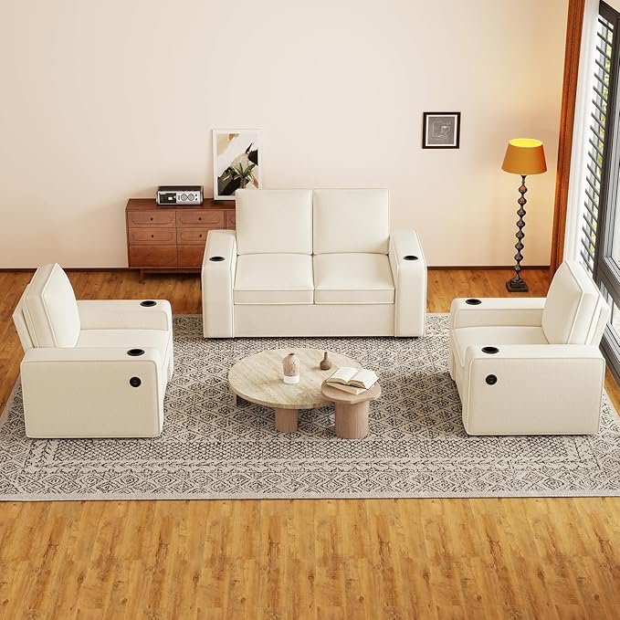 Furnimart 3-Seater Living Room Set Teddy Fabric, 58" Wide Loveseat & Accent Chair with USB Chargers, Cup Holders & High-Density Foam, Modern Sofa & Armchair Set for Apartment, Living Room(2 Colors)