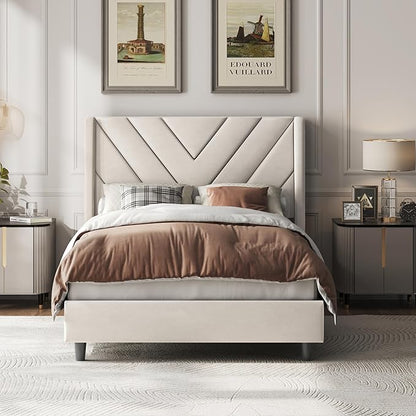 Yaheetech Twin Bed Frame Upholstered Platform Bed with Wing Side/Wooden Slat Support/Tufted Headboard with Wing Side/Mattress Foundation/No Box Spring Needed,Beige Twin Bed