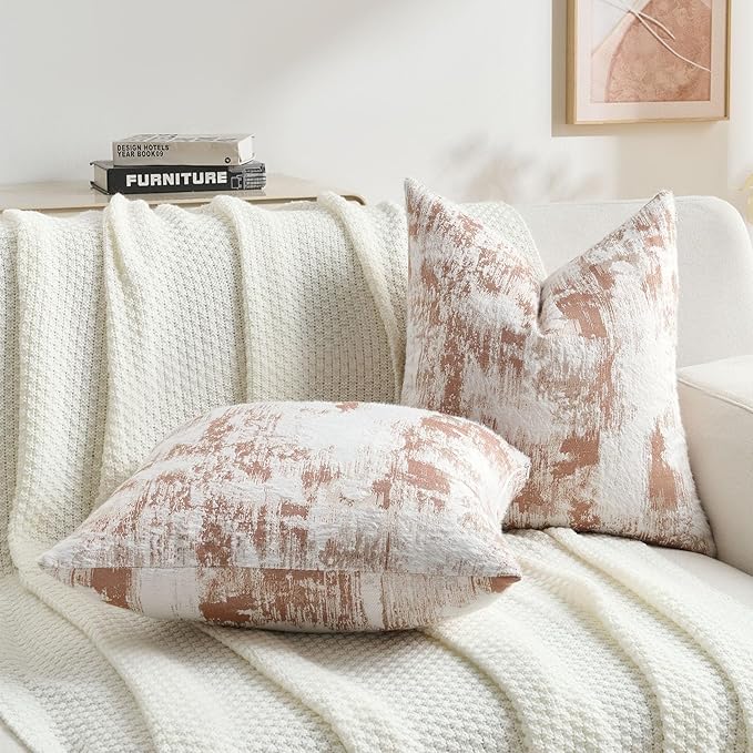 FUTEI Rust White Decorative Throw Pillow Covers 24x24 Inch Set of 2,Soft Faux Cashmere Jacquard - Textured & Cozy Euro Pillow Shams,Modern Home Decor for Couch Bed Living Room
