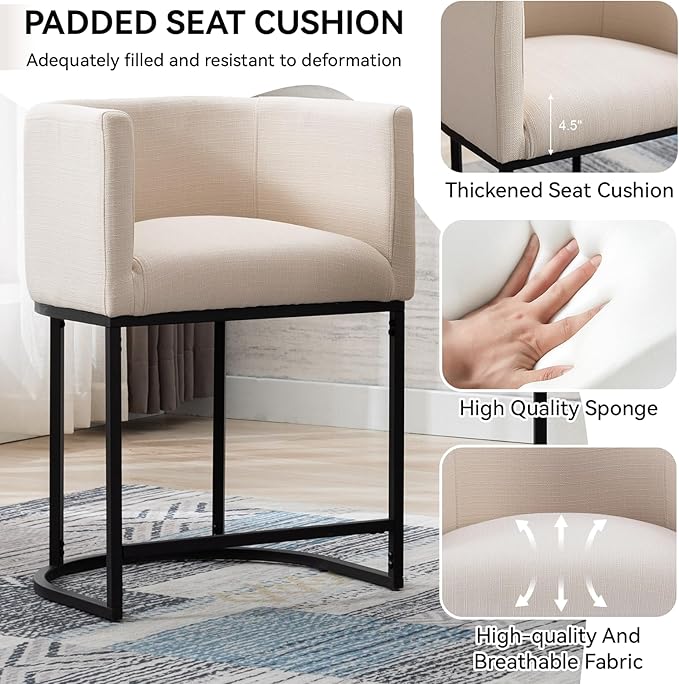 Contemporary Cream Linen Bar Stools Set of 2, 24" Upholstered Fabric Counter Height Barstools Kitchen Counter Island Stools with Black Metal Base, Cream