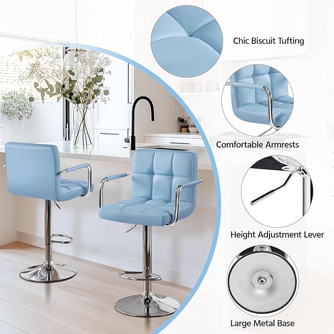 Yaheetech Bar Stools Set of 4, PU Leather Adjustable Swivel Barstools, Hydraulic Kitchen Counter Height Chairs with Armrest and Back for Kitchen, Dining Room, Blue