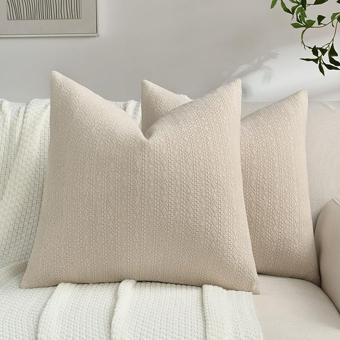 FUTEI Beige Chenille Throw Pillow Covers 20x20 Inch Set of 2,Soft Striped & Diamond Textured Cushion Cases,Modern Home Decor for Couch Living Room
