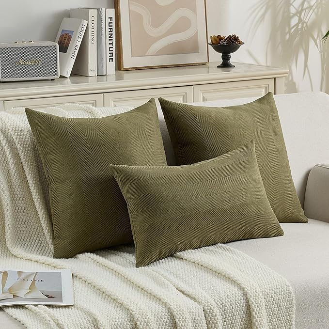 FUTEI Olive Green Chenille Throw Pillow Covers 16x16 Inch Set of 2,Soft Wide Chevron Textured Cushion Case,Farmhouse Home Decor for Couch Bed Living Room