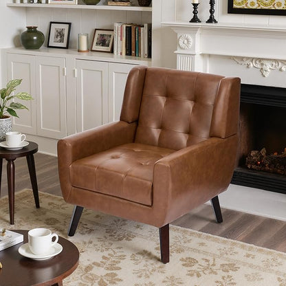 Faux Leather Accent Chairs Set of 4, Mid-Century Modern Upholstered Armchair, Comfy Living Room Chairs Reading Chairs with Button Tufted Back & Solid Wood Legs for Bedroom, Office, Coffee