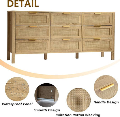 9 Drawer Dressers for Bedroom, Rattan Dresser with Drawers, Modern Wood Dresser with Metal Handles, Chest of Drawers for Bedroom, Living Room, Entryway (9 Drawer)