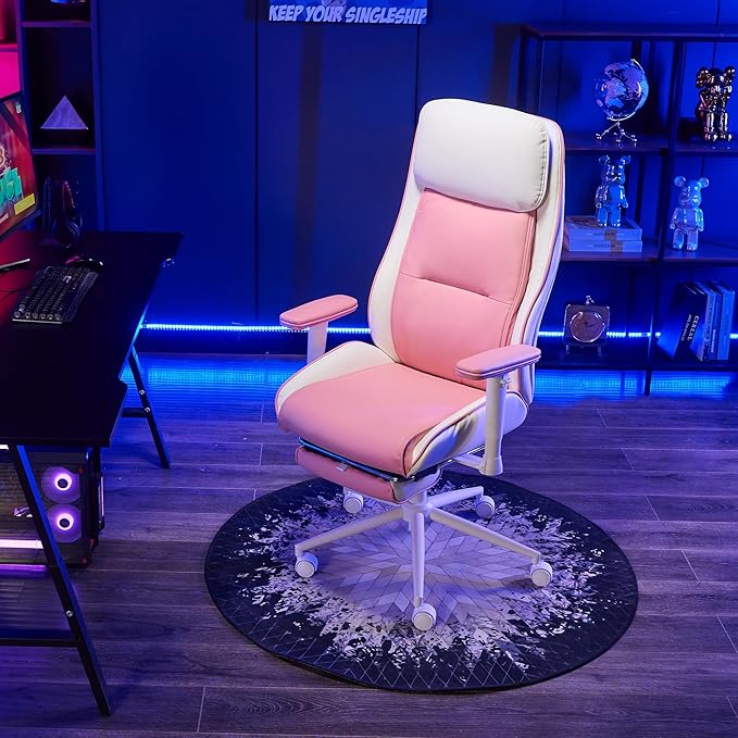 Ergonomic Home Office Chair with Footrest,Modern Faux Leather Reclining Chair,High Back Video Game Executive Computer Chairs with Adjustable Armrest & Lumbar Support,360°Swivel (Pink)