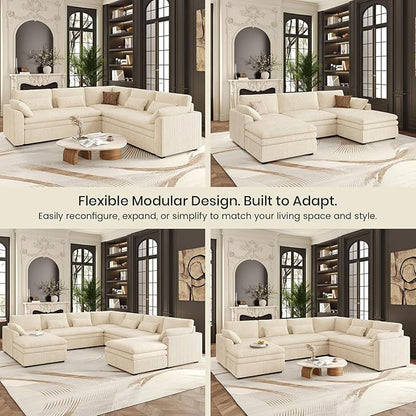 Belffin Large Modular Sectional Sofa with Deep Chaise, 73.6" Corduroy L Shaped Couch with 9" Soft Dual-Layer Seats Cushion for Living Room, Apartment, Beige