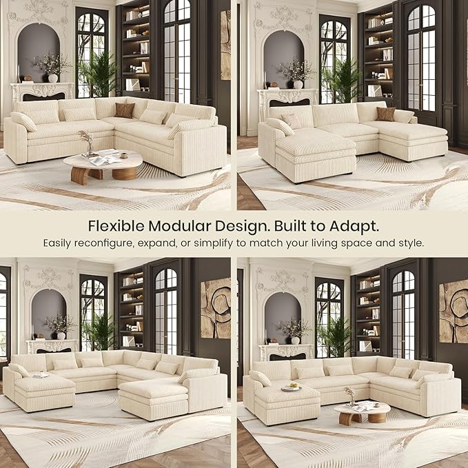 Belffin Large Modular Sectional Sofa with Deep Chaise, 104" Corduroy L Shaped Couch with 9" Soft Dual-Layer Seats Cushion for Living Room, Apartment, Beige