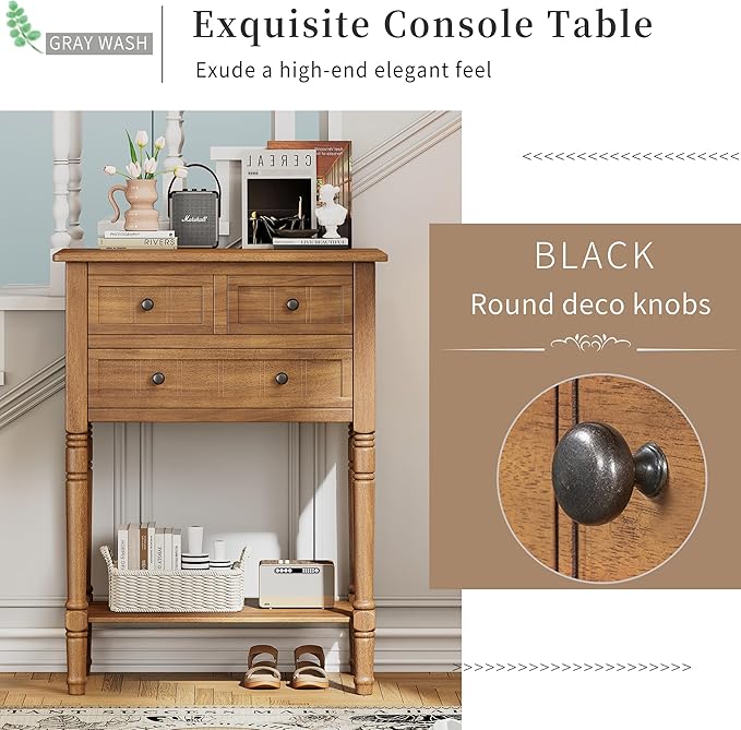 Knocbel Slim Antique Entry Console Table with 3 Drawers & Bottom Open Shelf, Solid Wood Narrow Sofa Couch Table for Entryway Hallway Living Room 23.7" W x 13" D x 31.4" H Natural