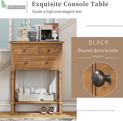 Knocbel Slim Antique Entry Console Table with 3 Drawers & Bottom Open Shelf, Solid Wood Narrow Sofa Couch Table for Entryway Hallway Living Room 23.7" W x 13" D x 31.4" H Natural