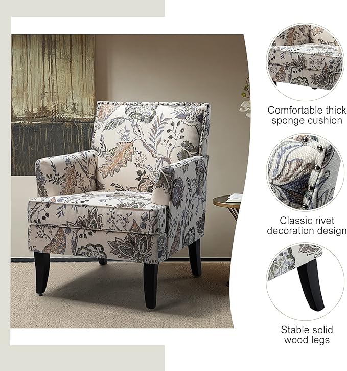 HULALA HOME Modern Accent Chair with Arms and Wooden Legs, Floral Patterned Accent Chair Armchair High Back Rest, Padded Armrest and Comfortable Cushioned Seat for Living Room (Orange Grey Floral)