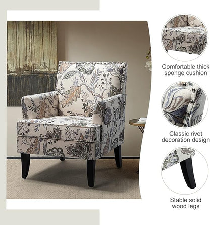 HULALA HOME Modern Accent Chair with Arms and Wooden Legs, Floral Patterned Accent Chair Armchair High Back Rest, Padded Armrest and Comfortable Cushioned Seat for Living Room (Orange Grey Floral)