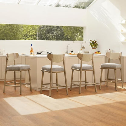 Watson & Whitely Boho Counter Height Bar Stools Set of 2, 27” Modern Upholstered Bar Stools with Natural Woven Rope Back and Solid Wood Frame for Kitchen Island, Home Bar, Fabric in Khaki