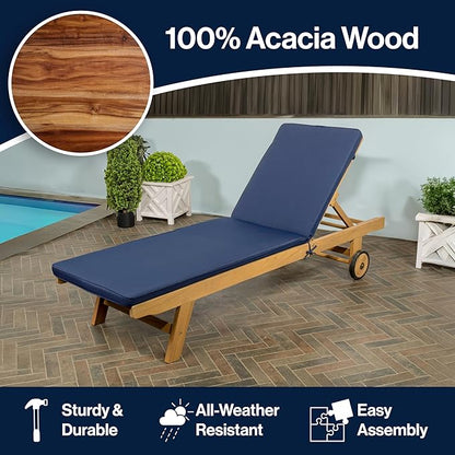 JONATHAN Y LNG1000B Mallorca 77.56"x23.62" Modern Classic Adjustable Acacia Wood Chaise Outdoor Lounge Chair with Cushion & Wheels Coastal, Bohemian, Minimalist, Traditional, Navy/Natural