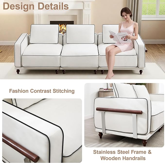 112" Cloud Modular Sectional Sofa,Oversized Deep 3 Seater Couch with Armrests Wooden Legs,Comfy Thicked Cushion Upholstered Sofa for Living Room Bedroom,White