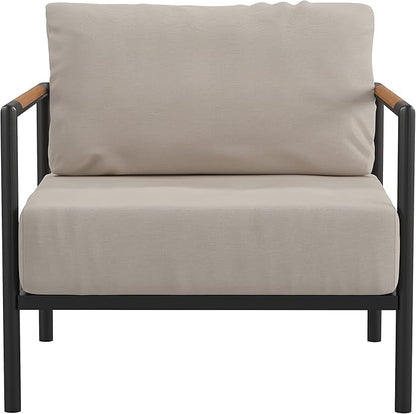 Flash Furniture Lea Indoor/Outdoor Patio Chair with Cushions - Modern Aluminum Framed Chair with Teak Accented Arms, Black with Beige Cushions