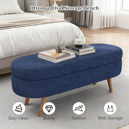 Storage Ottoman Bench 43" Storage Bench for Bedroom, Upholstered Soft Boucle Fabric End of Bed with Safety Hinge Solid Wood Legs Foot Stool Benches for Hallway,Closet,Oval, Entryway, Blue