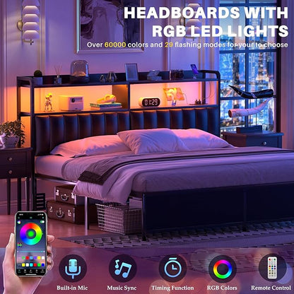 Aheaplus Headboard for Queen Size Bed Frame, Upholstered Headboards with Outlets, USB Ports and LED Light, Leather Head Board with Storage, Height Adjustable, Comfortable Headboard, Queen Size, Black