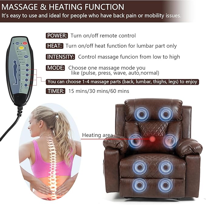Big Man Power Lay Flat Lift Chair Oversized Recliner Dual Motor Heat Vibration for Elderly, Overstuffed Electric 28" Extra Wide Recliners with Flip Arm Storage Cup Holders,USB Type C Charging