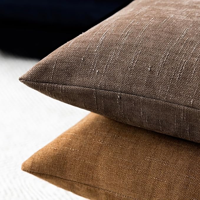 Foindtower Set of 2 Soft Textured Chenille Throw Decorative Pillow Covers Square Accent Solid Cushion Cover Cozy Neutral Farmhouse Pillow Case for Couch Sofa Bedroom Living Room 22x22 Inch, Chocolate