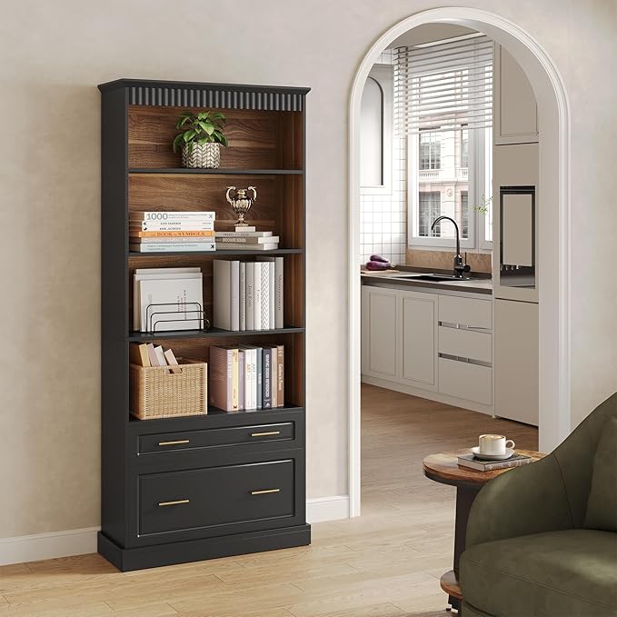 LITTLE TREE 72" Tall Black Bookcase, 5-Tier Office Bookself with File Cabinet Drawers,Modern Floor Standing Storage Filing Cabinet Book Shelf for Living Room,Bedroom