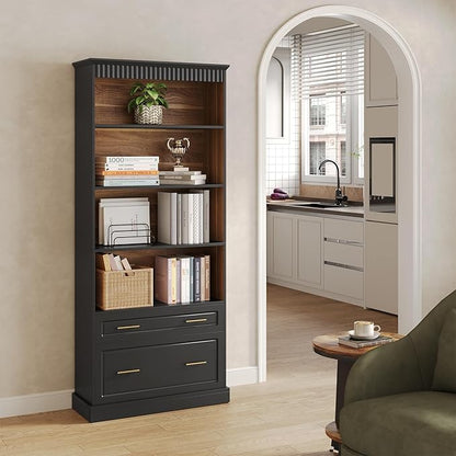LITTLE TREE 72" Tall Black Bookcase, 5-Tier Office Bookself with File Cabinet Drawers,Modern Floor Standing Storage Filing Cabinet Book Shelf for Living Room,Bedroom(2 Piece,Black)