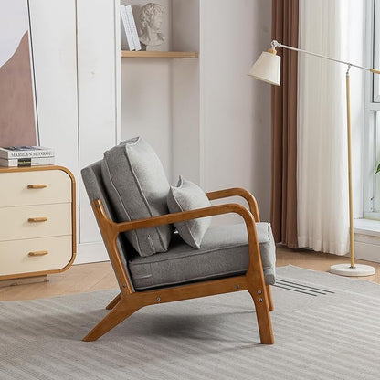 Mid-Century Accent Chair,Linen Fabric Lounge Chair with Wide Armrest,Linen Fabric Armchair withLumbar Pillow & Solid Wood Frame for Living Room, Bedroom, Balcony(Light Gray)