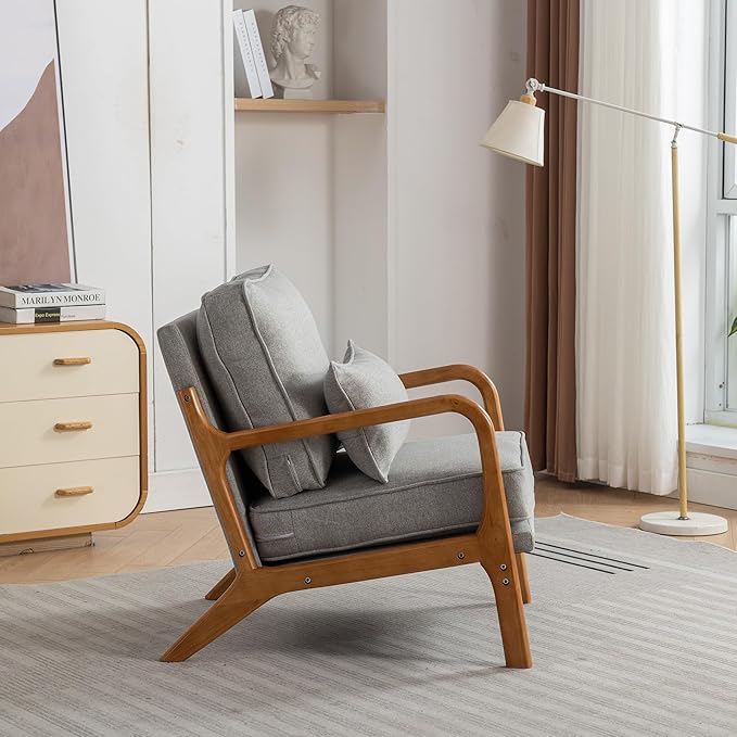 Mid-Century Accent Chair Set of 2,Linen Fabric Lounge Chair with Wide Armrest,Linen Fabric Armchair withLumbar Pillow & Solid Wood Frame for Living Room, Bedroom, Balcony(Light Gray)