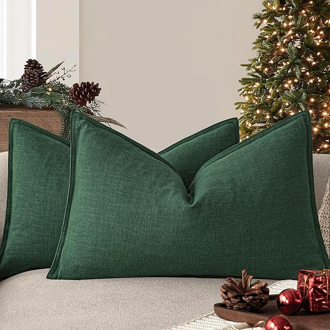 Foindtower Pack of 2, Decorative Linen Soild Throw Pillow Covers Soft Accent Lumbar Cushion Case Boho Farmhouse Pillowcase for Chair Couch Sofa Bedroom Living Room Home Decor 12 x 20 Inch Pine Green