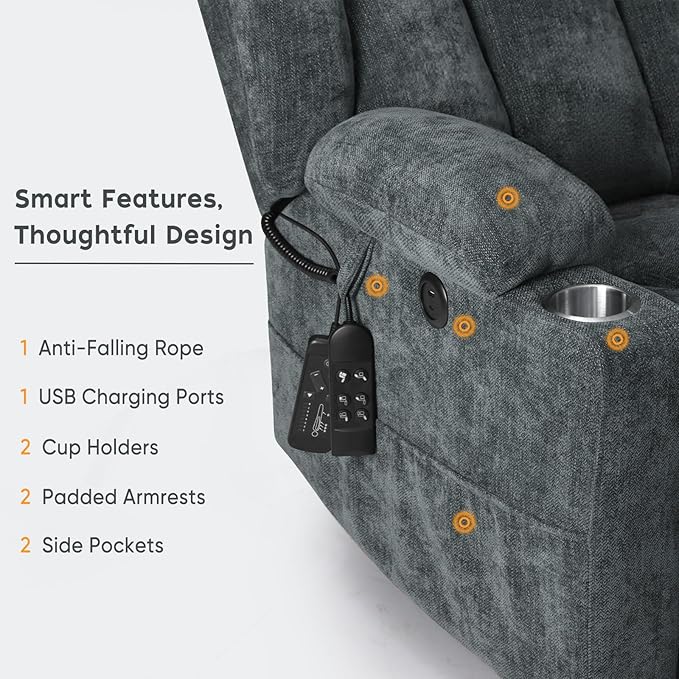 ABCASA Large Dual Motor Lay Flat Power Lift Recliner Chair for Elderly with Heat ＆ Massage, Comfortable Chenille Recliner, Cup Holder, Side Pocket,USB-A ＆ C Ports, Gray Blue