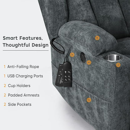 ABCASA Large Dual Motor Lay Flat Power Lift Recliner Chair for Elderly with Heat ＆ Massage, Comfortable Chenille Recliner, Cup Holder, Side Pocket,USB-A ＆ C Ports, Gray Blue