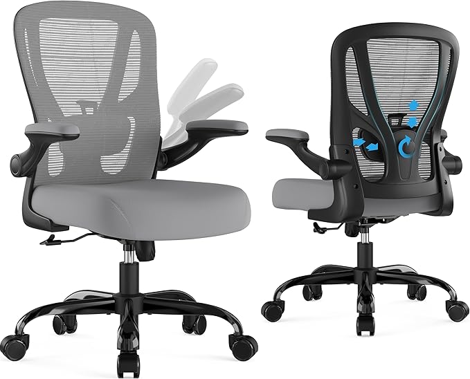Office Chair Ergonomic Desk Chair - Mesh Computer Chair Breathable Task Chair with Wheels Adjustable Lumbar Support Home Desk Office Chairs with Flip up Armrest Executive Rolling Swivel Gray