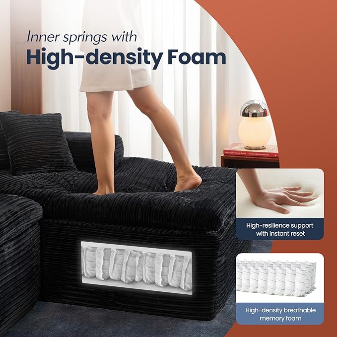 106" Oversized Couch Sofa, L Shape Couches for Living Room, No Assembly Required Corduroy Sectional Sofas with Right Facing Chaise for Home Apartment
