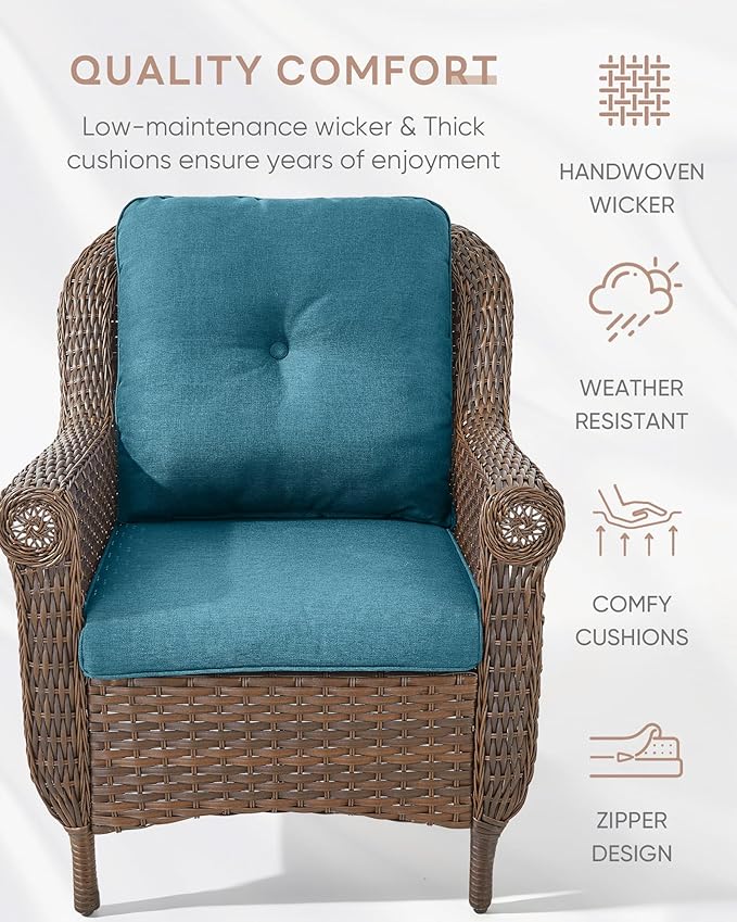 Patio Wicker Chairs Outdoor Furniture Chair - Set of 4 Outside All Weather Lawn Dining Brown Rattan Armchair with High Back&Deep Seating for Deck Porch Balcony Backyard Garden - Peacock Blue