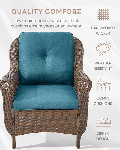 Patio Wicker Chairs Outdoor Furniture Chair - Set of 4 Outside All Weather Lawn Dining Brown Rattan Armchair with High Back&Deep Seating for Deck Porch Balcony Backyard Garden - Peacock Blue