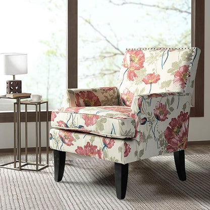 HULALA HOME Modern Accent Chair with Arms and Wooden Legs, Mid Century Accent Chair Armchair High Back Rest, Padded Armrest and Comfortable Cushioned Seat for Living Room (Red Yellow Floral)